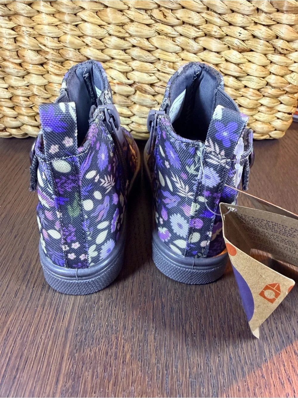 oomphies Purple Floral Toddler Ankle Boots with Heart and Buckle Accent
